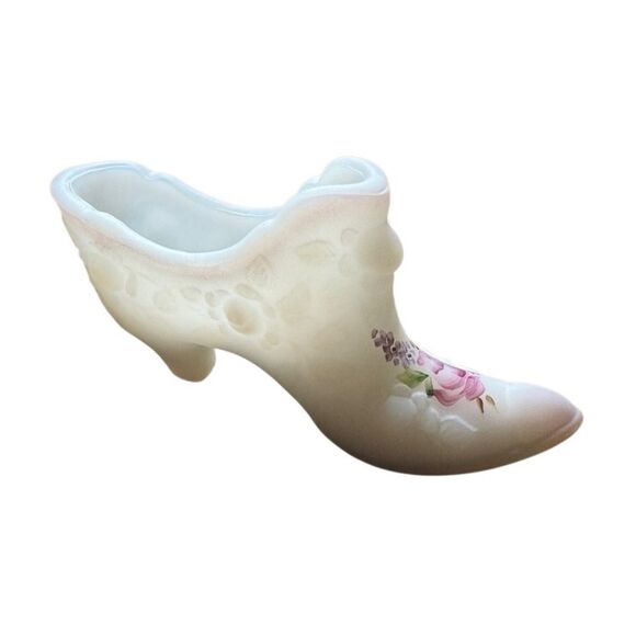 Fenton Signed Hand Painted Frosted Milk Glass Slipper - Picture 1 of 9